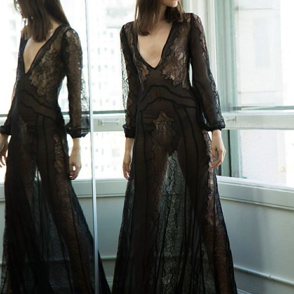 NWT Stone Cold Fox XS/S Black Vermont Lace WhimsiGoth Witch Boho Long Dress Gown - Picture 1 of 9